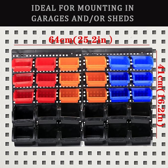 Wall Mounted Storage Bins Parts Rack 4 Colors Garage Plastic Shop Tool Organizer, ABS Plastic Garage Rack, Screw Storage 30 Bins