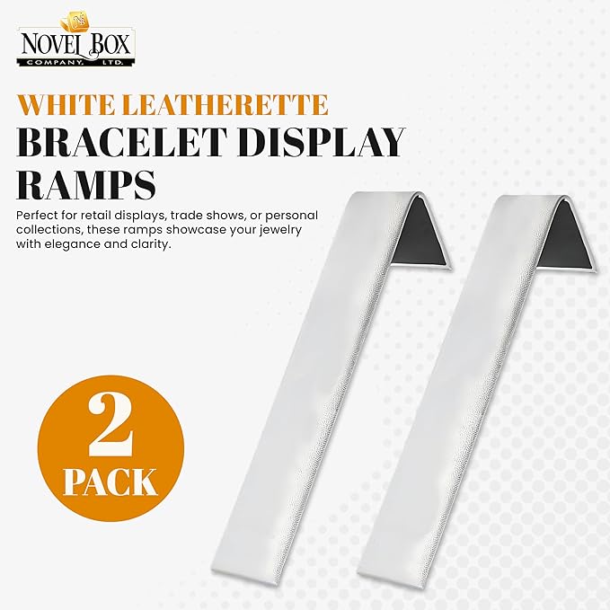 Novel Box 2 Pack White Leatherette Bracelet Display Ramps 1 1/2 W x 8 L x 2 1/8 H Inches - Jewelry Organizer Stands for Women - Elegant Bracelet/Watch Ramps for Craft Shows, Selling & Personal Use