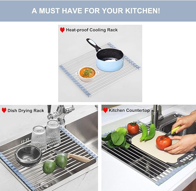 MECHEER Over The Sink Dish Drying Rack, Stainless Steel Roll Up Dish Drying Rack Kitchen Dish Rack Sink Drying Rack, Foldable Dish Drainer, 17.5''x13.7''