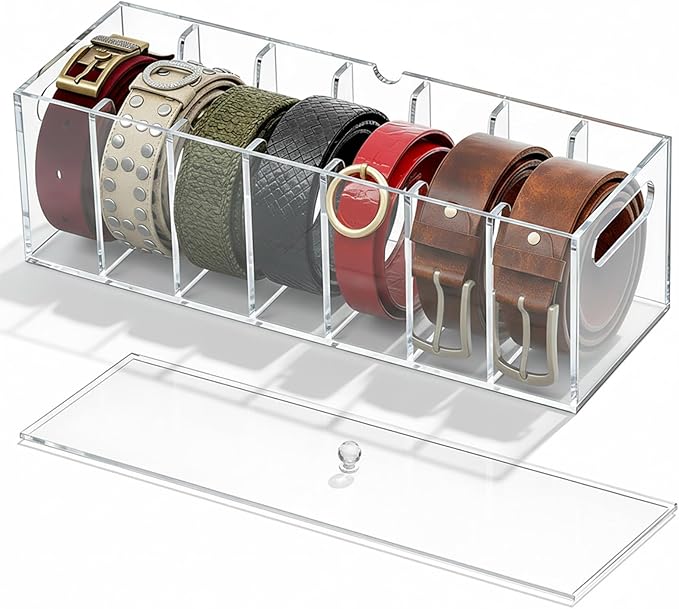 Belt Organizer Acrylic, Belt Organizer for Drawer with Lid and Handle Dustproof 7 Compartments 2 in 1 Beltbox Hangable Sock Storage Durable for Storing Ties in Wardrobes and Drawers