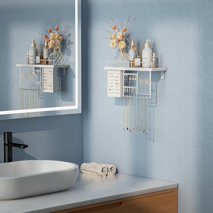 Lolalet Wall Mounted Hanging Jewelry Organizer with Wood Shelf, Wall Jewelry Holder with Hooks for Ring Earring Bracelets Necklaces Display -White