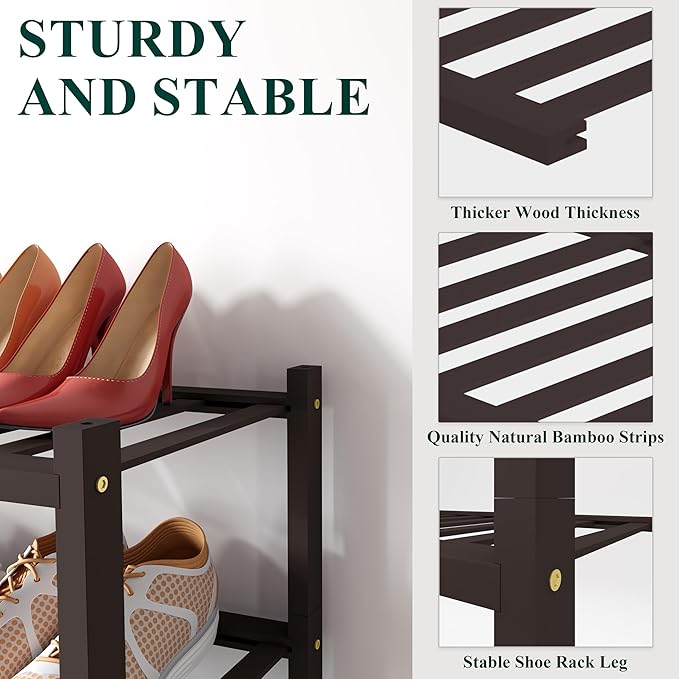 Smiry Shoe Rack, 3 Tier Small Bamboo Shoe Organizer, Stackable Free Standing Wooden Shoe Storage Shelf for Closet, Entryway, Front Door Entrance, Brown