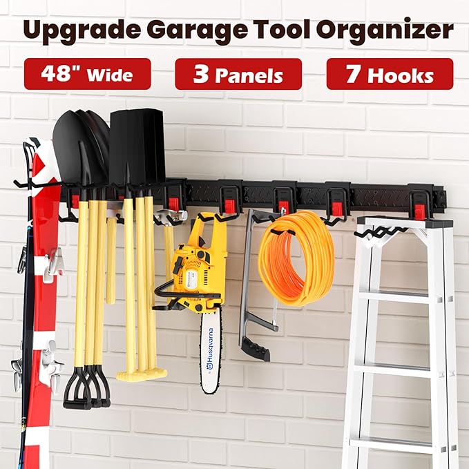 Garage Tool Organizer Wall Mount, Upgraded 48" Heavy Duty Garage Storage Tool Rack, Thickened Metal Wall System with 7 Adjustable Anti-Slip Hooks, 550 lbs Load Capacity, Reinforced Locking, For Garden
