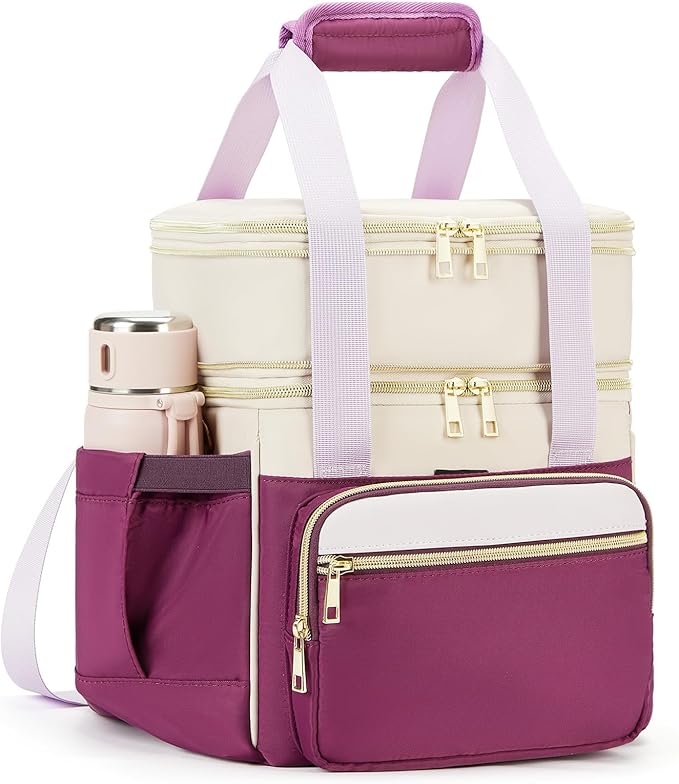 Insulated Lunch Bag & Lunch Box for Women - Double Deck Reusable Lunch Bag for men Tote Cooler Bag Leakproof Soft Expandable - Large Lunchbox for Work/Adult/Picnic/Outdoor (Light Purple，15L)