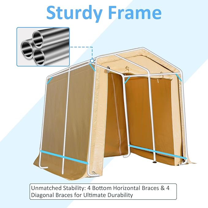 CHARMELEON 8x8FT Heavy Duty Outdoor Storage Shelter,Portable Garage Shelter for Garden Tool Motorcycle Bike,All-Steel Metal Frame Storage Tent with Dual Doors & Thickened Fabric (Khaki)