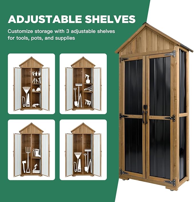 Outdoor Storage Cabinet, Wood & Metal Storage Shed with Weather-Resistant Roof, Adjustable Shelf, Lockable Doors & Adjustable Feet, for Garden, Patio, Backyard, 27.5" x 13" x 67"