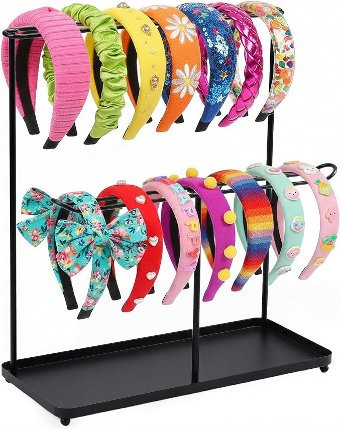Headband Holder Organizer Metal 2-Tier with Tray, Necklace Storage Hairband Rack Hair Accessories Display Stand Stand Home Bedroom College Dorm Decor for Girls Women (Black)