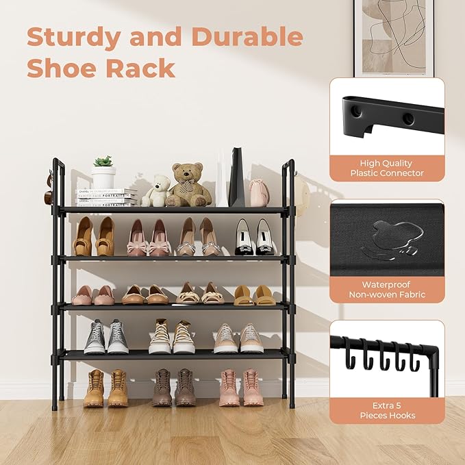 4 Tier Shoe Rack for Closet Shoe Organizer with 5 Hooks, Long Shoe Shelf Storage for Shoe and Boot Stackable Free Standing Shoe Rack for Entryway, Garage, Small Spaces, Dorm, Black