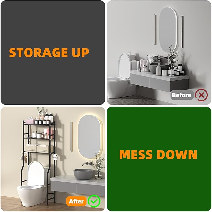 3 Tier Over The Toilet Storage Rack with 2 Basket, Metal Freestanding Bathroom Shelves Toilet with Paper Holder and 4 Hooks, Over Toilet Storage Shelf for Bathroom Storage, Black
