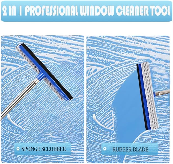 YONILL 72" Squeegee for Cleaning - Long Handle Window Cleaner Tool with Rubber Blade and Sponge Scrubber, 2 in 1 Window Washing Kit with Extension Pole for Home, Car Windshield and Glass