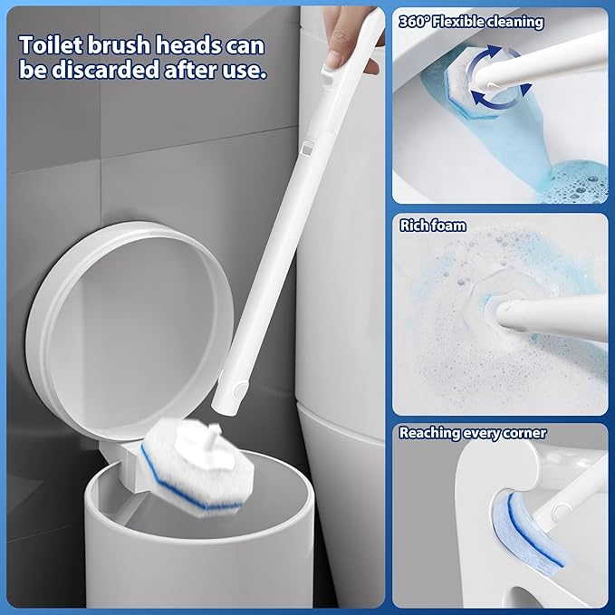 Disposable Toilet Brush and Holder Set, Toilet Bowl Wand Starter kit-1 Toilet Brush Wand, 1 Storage Caddy&70 Pre-Filled Cleaning Refills for deep Cleaning Toilet, Mess-Free Bathroom Cleaning Tool.