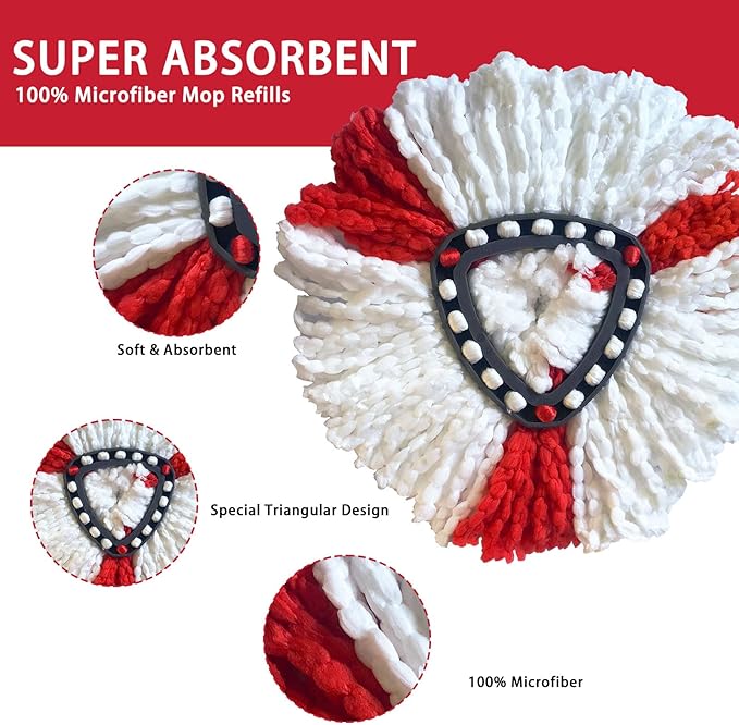 Easywring 1-Tank System,Mop Replacement Heads for O-Ceda Mop Replace Head, Spin Mop Heads Replacements, Microfiber Spin Mop Refills, Easy Cleaning Mop Head Replacement (Red and White 3pcs)