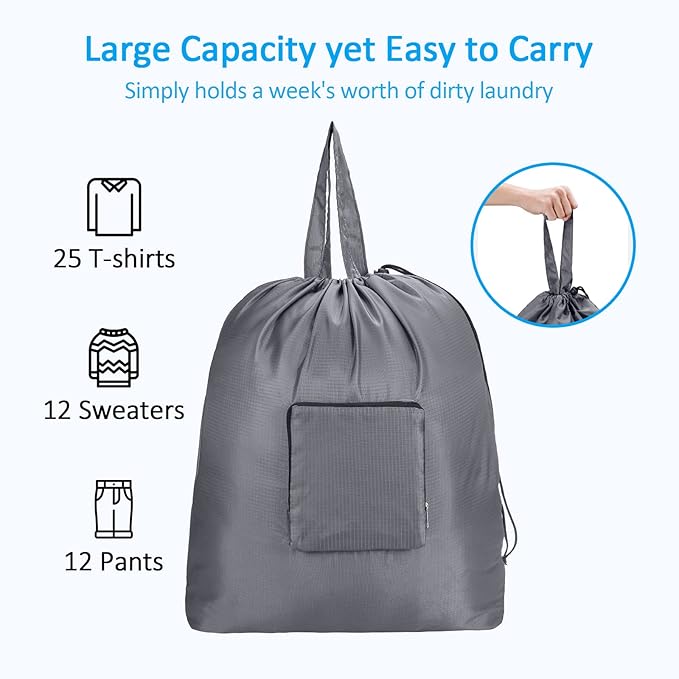 GOGOODA Travel Laundry Bags with Drawstring Closure XL Large Foldable Dirty Clothes bags with Handle Heavy Duty and Washable for College Dorm Travelling Camping, 2 Pack, Dark Blue & Grey