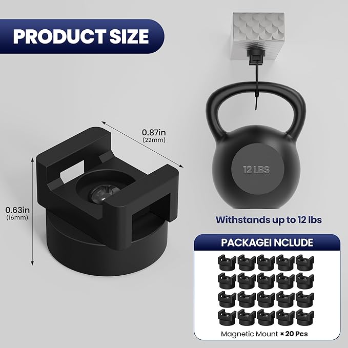 20Pcs Heavy Duty Magnetic Zip Tie Mount Kit - Strong Magnetic Cable Zip Tie Holder for Automotive, Home & Office Cable Management | Rubber-Coated Base, 22mm Diameter