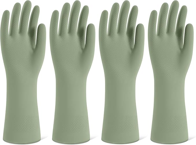 Rubber Cleaning Gloves for Dishwashing, 4 Pairs Reusable Kitchen Gloves for Washing Dishes and Household Cleaning, Green Dish Gloves with Flocked Lining and Non-Slip Grip, Pefect for Woman Men - S