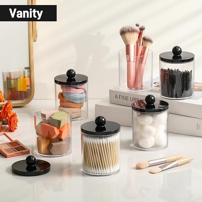 3 Pack Acrylic Qtip Holder Dispenser for Cotton Swabs, Balls, Pads, Floss - Plastic Canister Apothecary Jar Set, Bathroom Essentials Accessories Decor Vanity Makeup Storage Organizer - Clear & Black