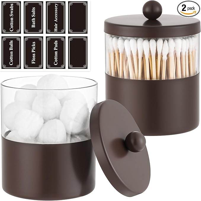 Gaussra Chocolate Brown Qtip Holder, Bathroom Jar - Stainless Steel Apothecary Jars with Stickers - Farmhouse Decor Qtip Dispenser for Qtips, Cotton Balls, Swabs, Makeup Sponges (2-Pack)