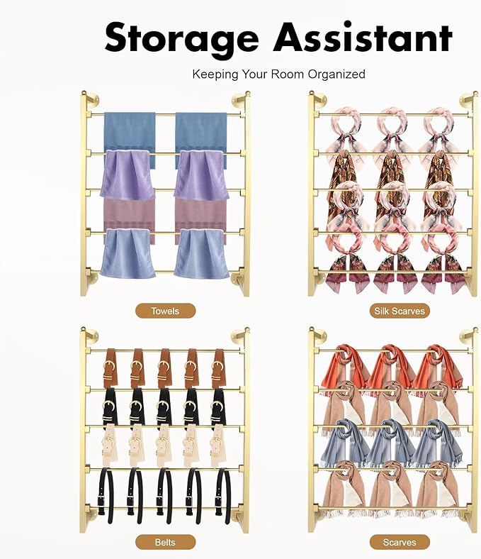 TFCFL Wall Mounted Display Rack, 5-Layer Tie & Scarf Holder, Wrapping Paper Ribbon Organizer, Retail Display for Home & Store (Gold)