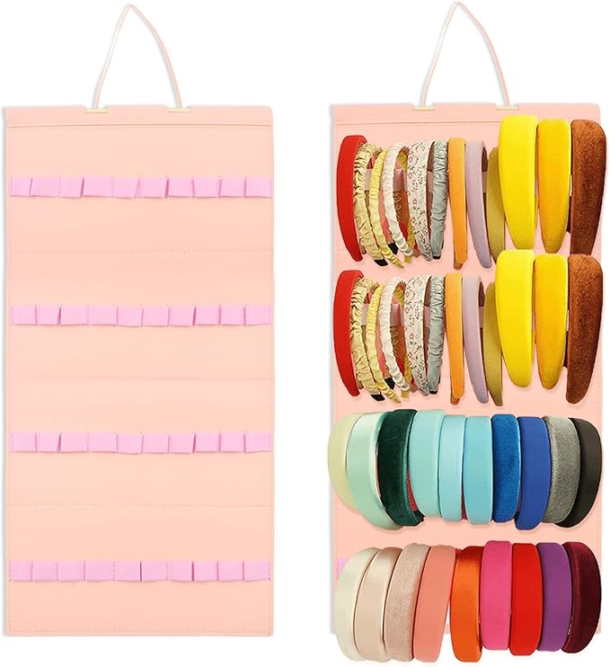 Hanging Headband Holder for Girls Women, Headband Organizer with 40 Elastic Slots, Felt Headband Storage Organizer, Head Band Hair Accessories Organizer (Pink, Without Headbands)