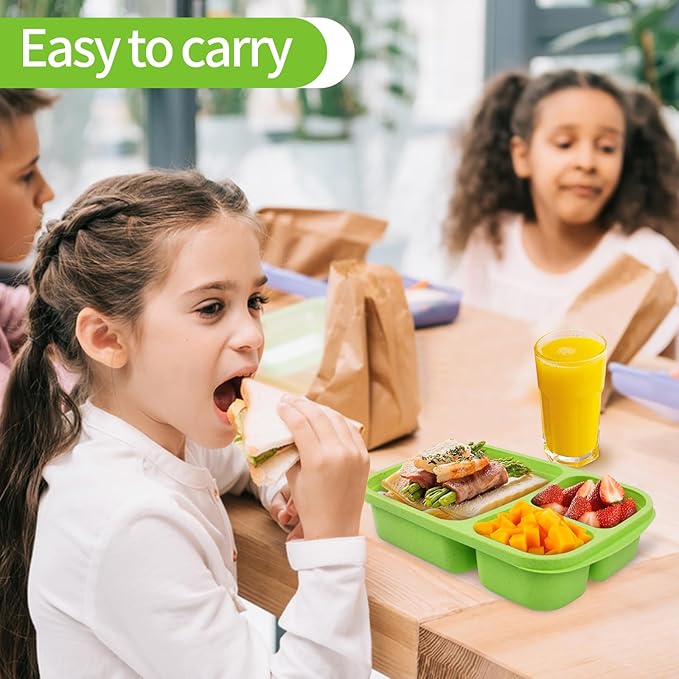 8 Pack Bento Lunch Box Set 3 Compartment Wheat Straw Meal Prep Food Storage Containers Plastic, Microwave and Dishwasher Safe （Jewel Brights）