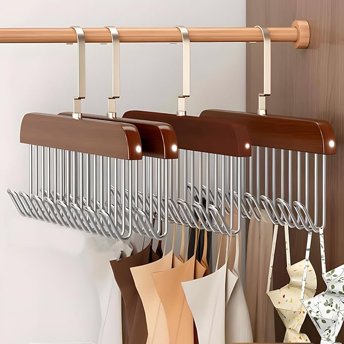 4 Pack Belt Hanger for Closet, Wooden Tie Rack Hangers for Men with 8 Hooks, Space Saving Tie Holder Organizer,Closet Storage for Ties,Belts,Bras,Scarves,Tank Tops