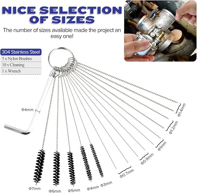 Valchoose Premium Jet Cleaning Brushes, Carb Carburetor Cleaners Made of Heavy Duty Density Nylon and Stainless Steel 13 Cleaning Wires Set + 5 Nylon Brushes + 10 Cleaning Needles