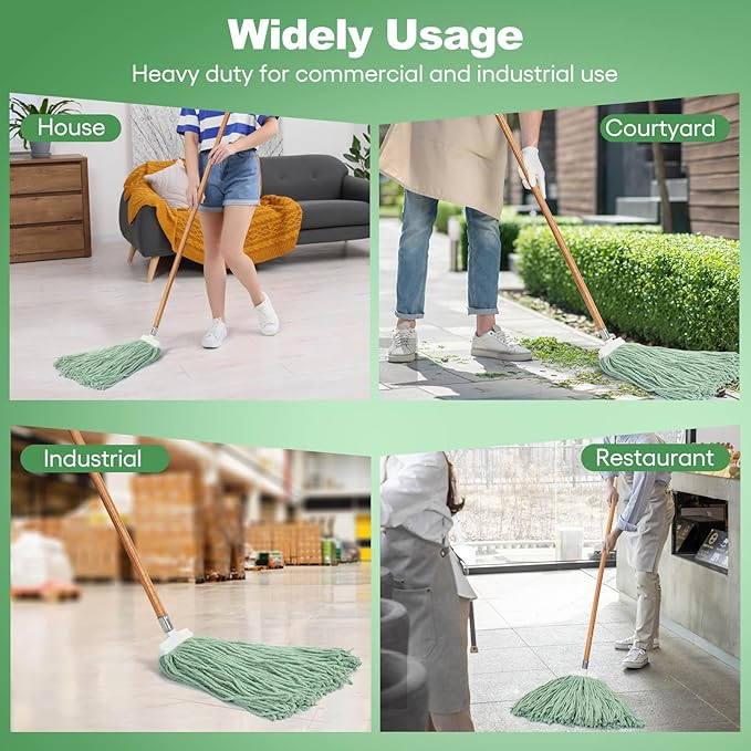 Matthew Cleaning Screw-on Heavy Duty Cotton Wet Mop Replacement Heads(Green, Large,6 Pack) with 2 Pack Microfiber Cloth for Residential & Commercial Floor Cleaning Use- Fit Standard American Screw