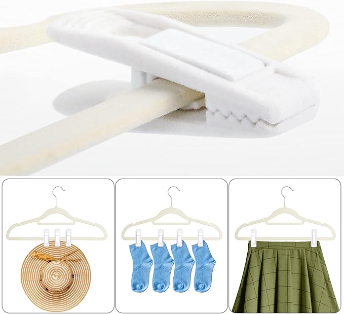 Tinfol White Velvet Hangers Clip - 24 Pack Pants Velvet Clips, Large Opening Clips, Strong Finger Flocked Clothes Pin Perfect for Slim-line Clothes Hanger