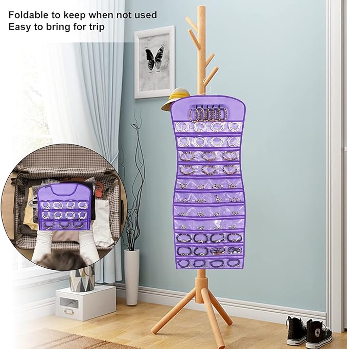 Hanging Jewelry Organizer Dual Sided 84 Clear Pockets and 6 Hook Loops Storage for Holding Jewelries Hair Accessories Dress Shaped Earring Holder (84 Pockets and 6 Hook Loops -Purple)