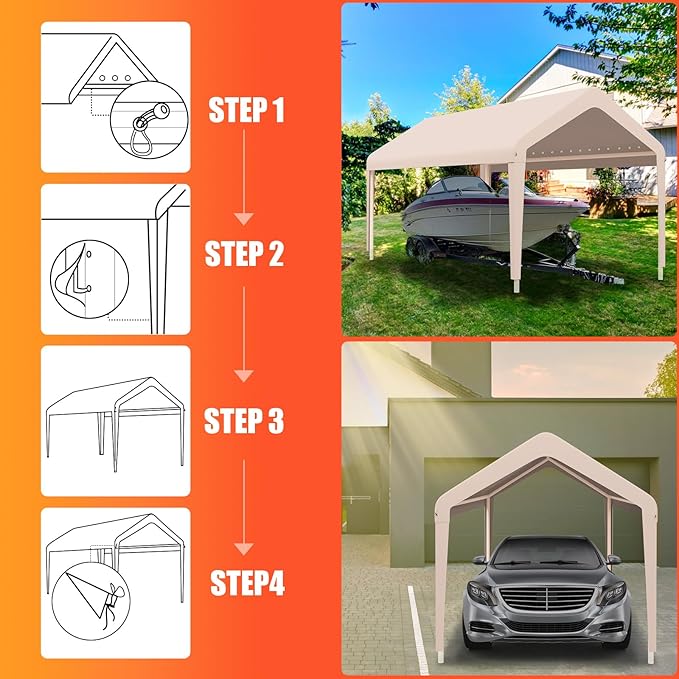 Carport Canopy 10'x20' Heavy Duty Replacement Cover, Garage Shelter Cover 800D Oxford Waterproof & UV Protected Tarp with Ball Bungees, Not Include Frame - Beige