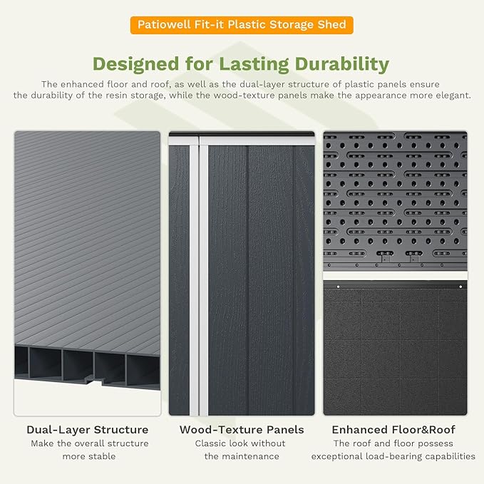 Patiowell Plastic Outdoor Storage Shed with Floor, 5 x 3 FT Patio Outdoor Storage Cabinet with Stable Roof & Lockable Doors, Waterproof Resin Shed for Tools, Patio Furnitrue Accessories, Dark Gray