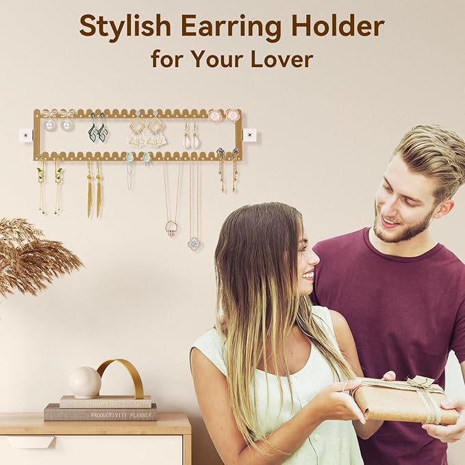 2 Tier Earring Holder Organizer Wall Mounted,2PCS Metal Earring Display Storage with 96 Holes and 92 Grooves Hanging Jewelry Organizer Tree for Stud/Hoop/Dangle Earrings Necklace（Gold）