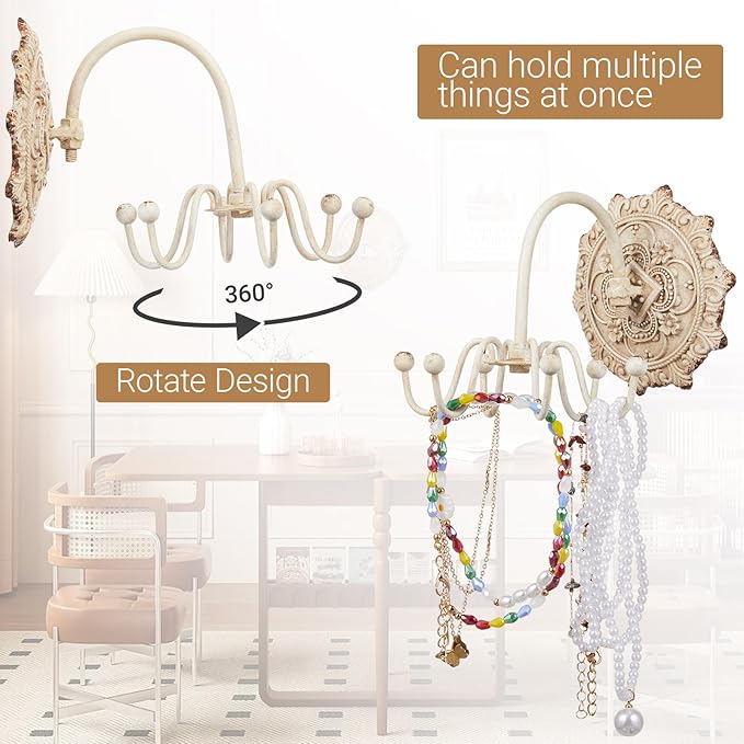 Tondiamo 1 Pcs Wall Mounted Jewelry Organizer Shabby Wall Decor Vintage Jewelry Organizer 6 Rotatable Hooks Include Screws for Women Necklace Bracelet Earring Hat Gift