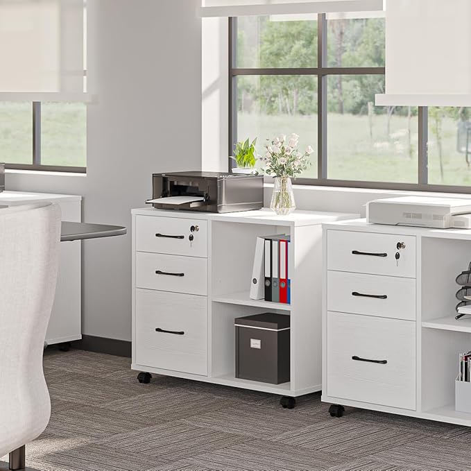 Panana 3 Drawer Office File Cabinets, Mobile Lateral Printer Stand with Open Storage Shelf, Rolling Filing Cabinet with Wheels Home Office Organization and Storage (White)