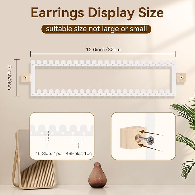 2 Tier Earring Holder Organizer Wall Mounted,2PCS Metal Earring Display Storage with 96 Holes and 92 Grooves Hanging Jewelry Organizer Tree for Stud/Hoop/Dangle Earrings Necklace(White)