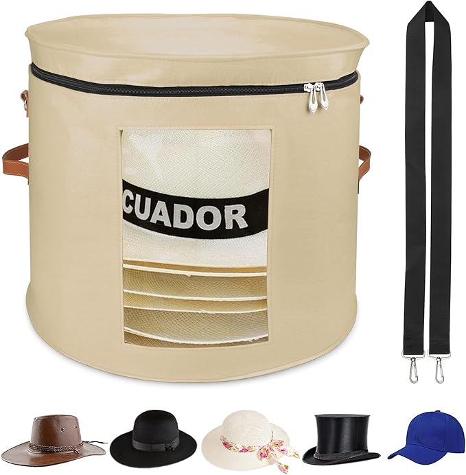 Large Hat Storage Box for Women & Men, 19" D x 17" H Oversized Hat Box Organizer，Foldable Round Travel Hat Boxes with Dustproof Lid, Stuffed Toy Storage Bin Bag (Milk Coffee)
