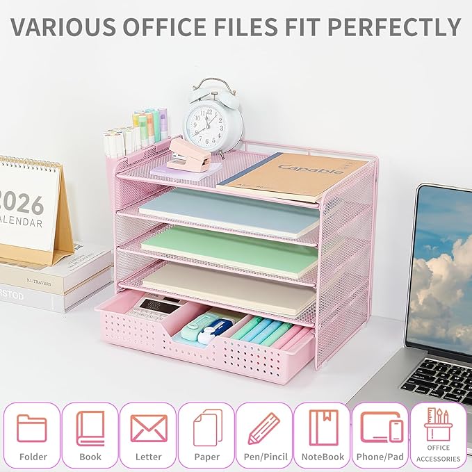Desk Organizers and Accessories, 5-Tier Paper Letter Tray Organizer with Drawer & 2 Pen Holders, Desktop Organizer for Office Supplies (Pink)