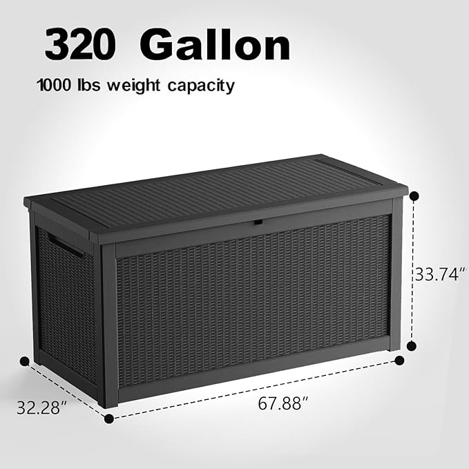 320 Gallon Waterproof Outdoor Storage Box, UV Resistant Resin Deck Box with Hydraulic Rod for Reinforced Stability, Perfect for Patio, Garden, and Pool（Black，320 Gallon）