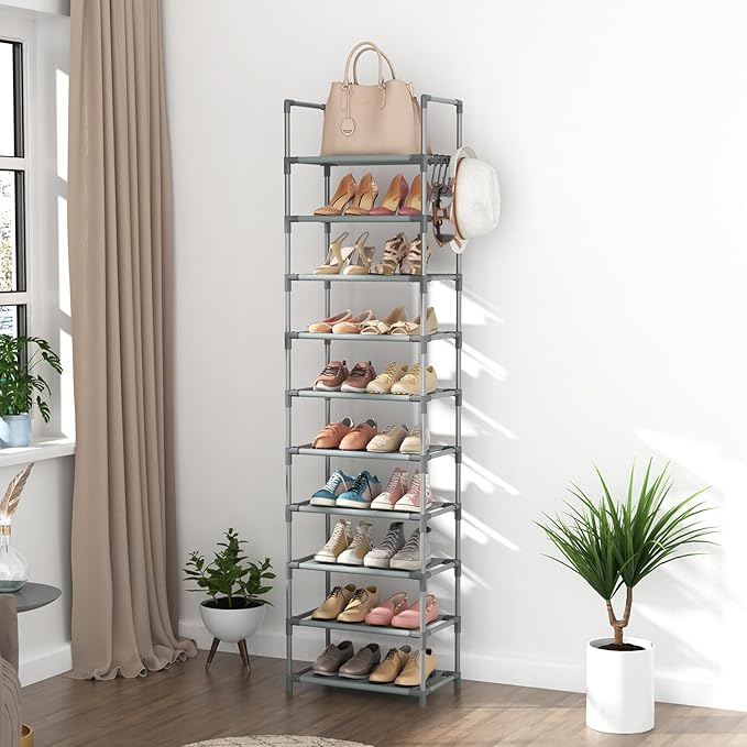 10 Tiers Tall Shoe Rack 20-25 Pairs Boots Organizer Storage Sturdy Narrow Shoe Shelf for Entryway, Closets with Hooks, Grey