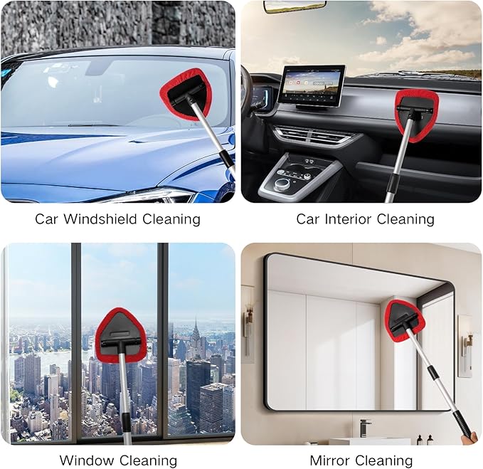 10pcs Windshield Cleaner Tool, Car Window Cleaning Wash Kit with 4 Reusable Microfiber Pads 1 Spray Bottle and Extendable Handle Auto Glass Wiper Kit, Red