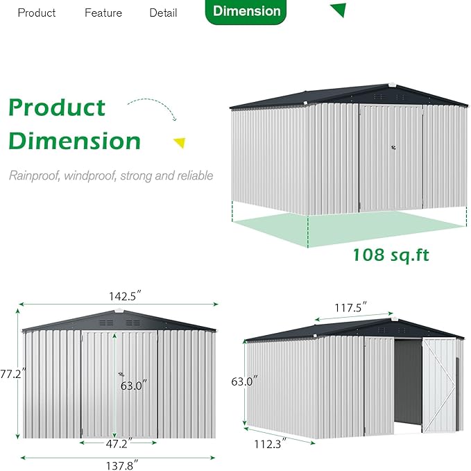 AECOJOY Shed 10'x12' Storage Shed Large, Sheds & Outdoor Storage Clearance 12x10 Sheds with Lockable Doors, Utility and Tool Storage Shed for Garden, Backyard, Patio, Outside use in White
