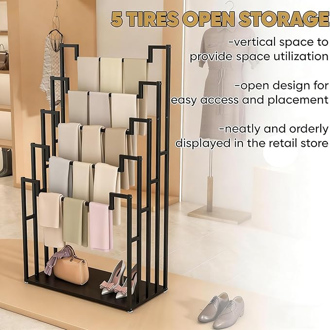 tonchean Freestanding Scarf Organizer, 5 Tier Metal Scarf Rack Hijab Hanger Scarf Storage Holder Ties Belt Pants Rack for Closet, Commercial Clothing Retail Store & Home (31.5X15.7X59.1In)