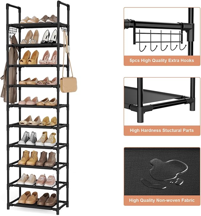 10 Tiers Shoe Rack 25 Pairs Large Capacity Tall Shoe Organizer Sturdy Shoe Storage with Two Hooks Space Saving Metal Narrow Shoe Rack for Closet, Entryway, Bedroom, Black