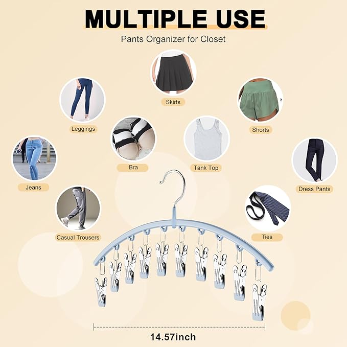 Legging Organizer for Closet, Metal Yoga Pants Hanger w/Rubber Coated 2 Pack w/10 Clips Hold 20 Leggings, Hangers Space Saving Hanging Closet Organizer for Closet Organizers and Storage, Blue