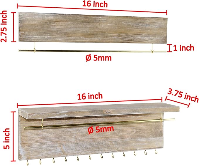 Spiretro Wall Mounted Wood Jewelry Organizer with Metal Bars, Set of 2
