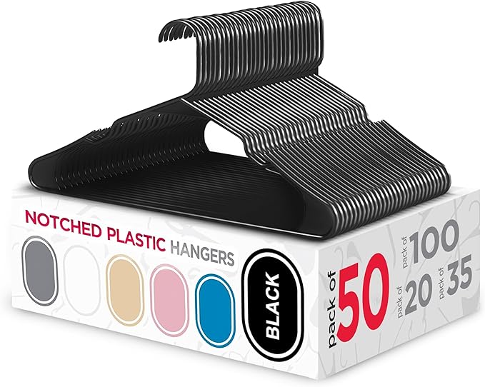 Sharpty Plastic Hangers Clothes Hangers for Clothing, Closet, Coats & Shirts - Notched, Durable & Space Saving - for Everyday Standard Use, Room Essentials & Basics - 50 Pack - Black