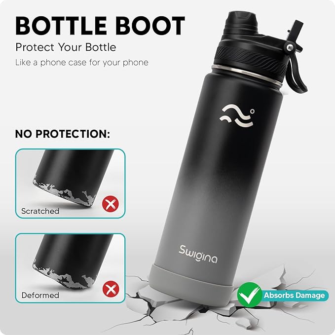 [2-IN-1 LID] Insulated Water Bottle with Silicone Boot (36hrs Cold/18hrs Hot) - DIY Stickers, Leakproof, BPA Free, 24 oz