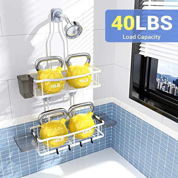 Hanging Shower Caddy Bathroom Organizer: Rustproof Shower Shelf Racks Over Shower Head - No Drilling Inside Bath Shower Rack Shelves Over Showerhead for Shampoo with Soap Holder White