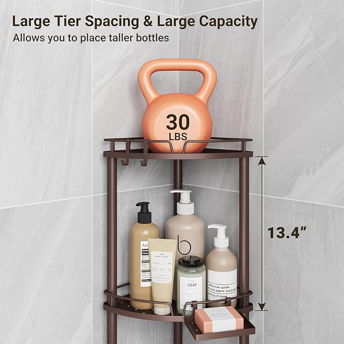 ELYKEN Corner Shower Caddy Standing, 3 Tier Rustproof Metal Shower Organizer with Soap Holder, Floor Shower Corner Shelf Rack Storage Stands with Adjustable Feet & 2 Hooks for Bathroom, Bronze