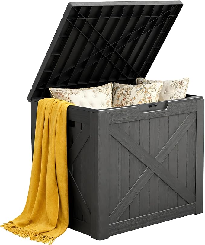 Outdoor Storage Box, Deck Box Waterproof 35 Gallon, Resin Outside Storage, Storage Bin for Package Delivery, Patio Furniture Cushion, Pool Accessories, Weatherproof and UV Resistant, Black, Barn Style